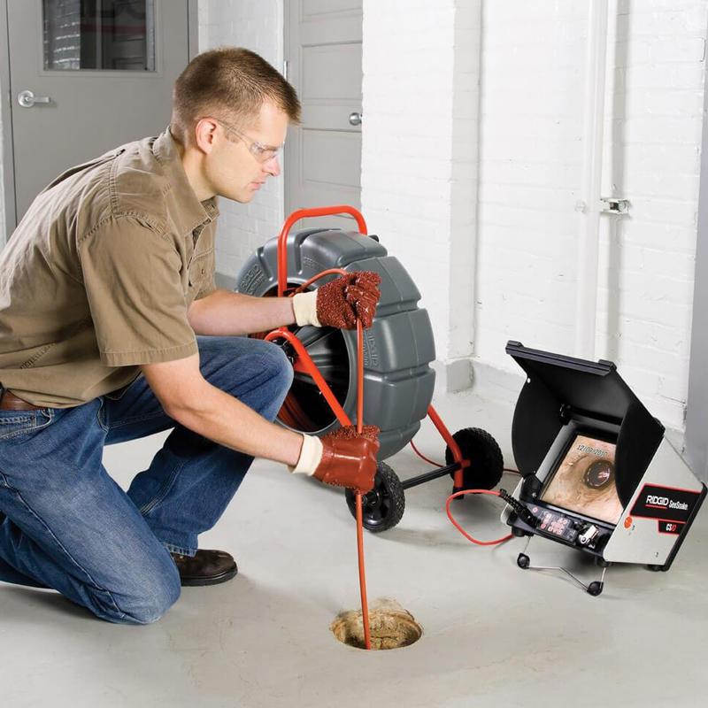 Main sewer line camera inspection with monitor display
