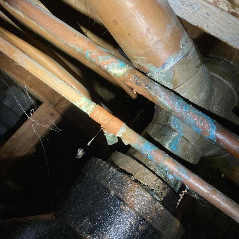 Copper water line leak dripping in crawl space