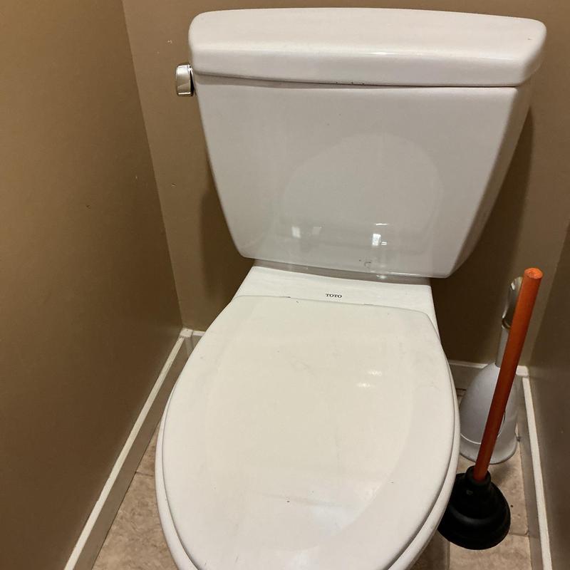 Toilet with tank and plunger in small bathroom corner