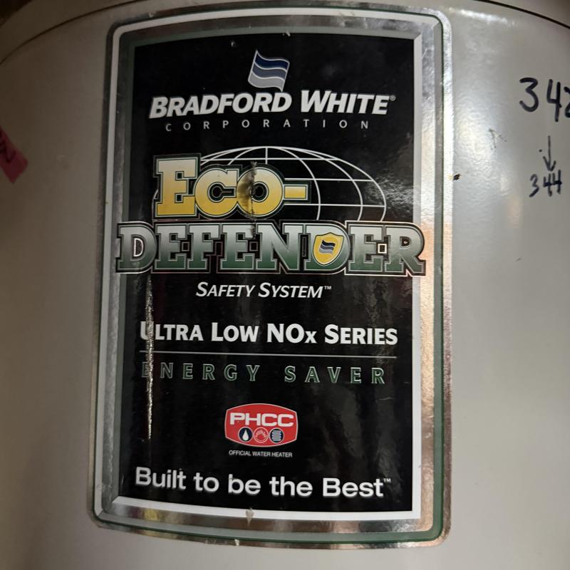 Bradford White Eco-Defender water heater label close-up Bradford White Eco-Defender water heater label close-up