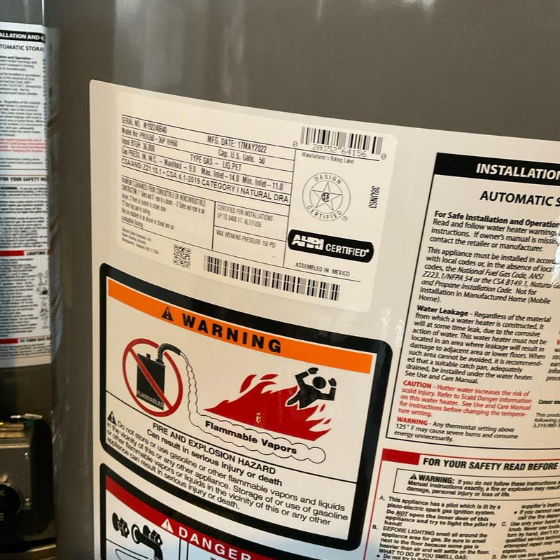 Natural gas water heater warning and installation labels