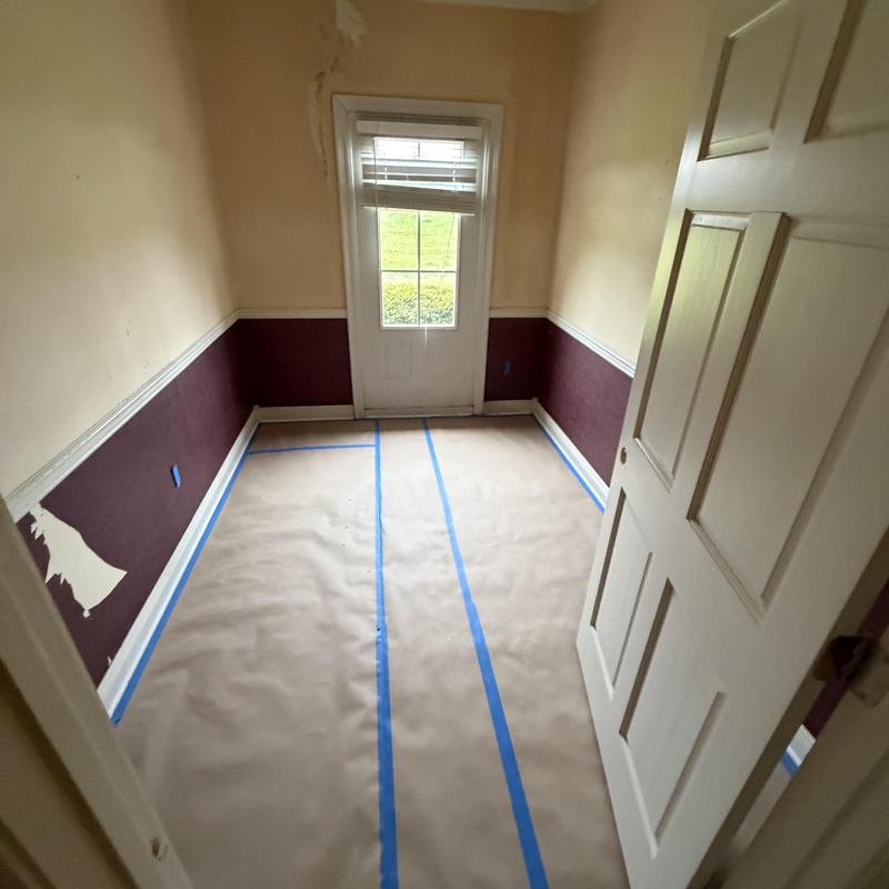 Wall surface preparation and floor protection in small room