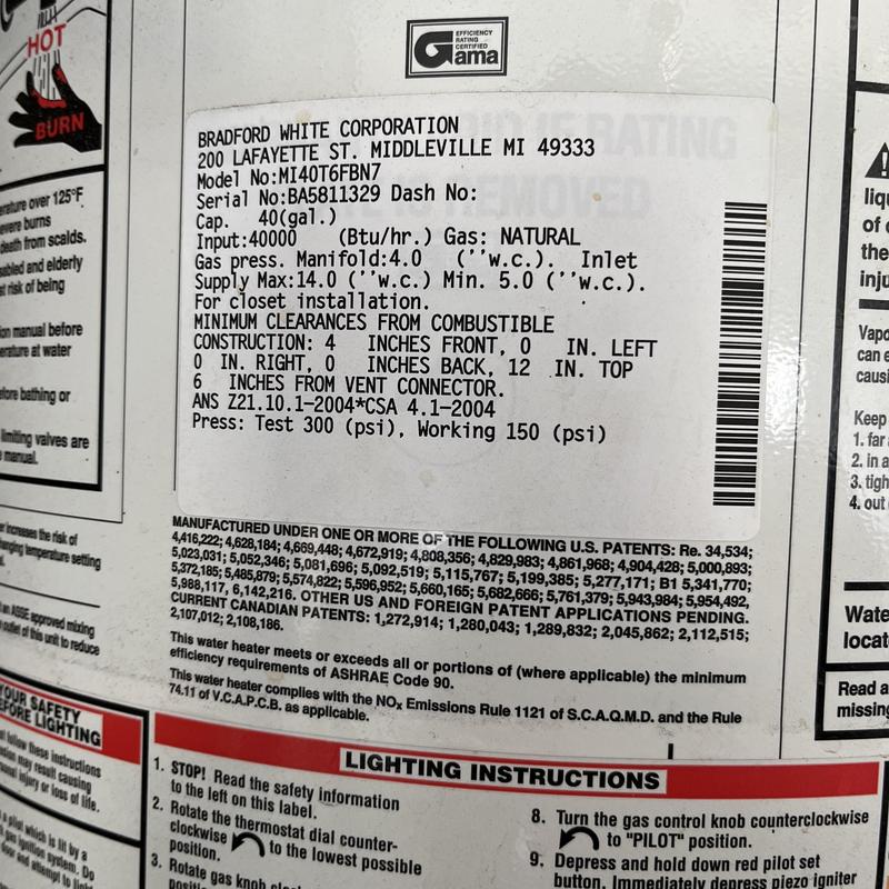 Natural gas water heater label with specifications