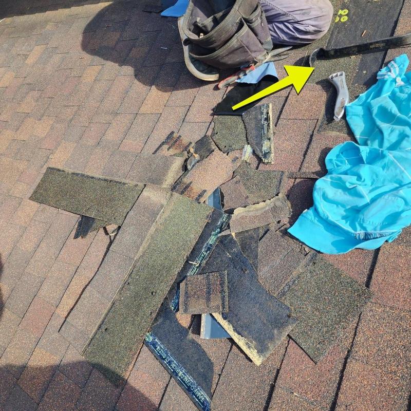 Roof shingles damaged by storm on asphalt roof Roof shingles damaged by storm on asphalt roof