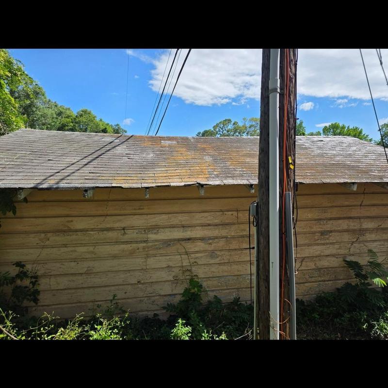 Asphalt shingle roof with moss and wear near utility pole Asphalt shingle roof with moss and wear near utility pole