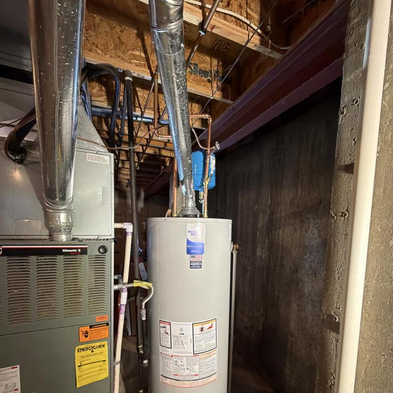 Water heater and furnace with ductwork in basement