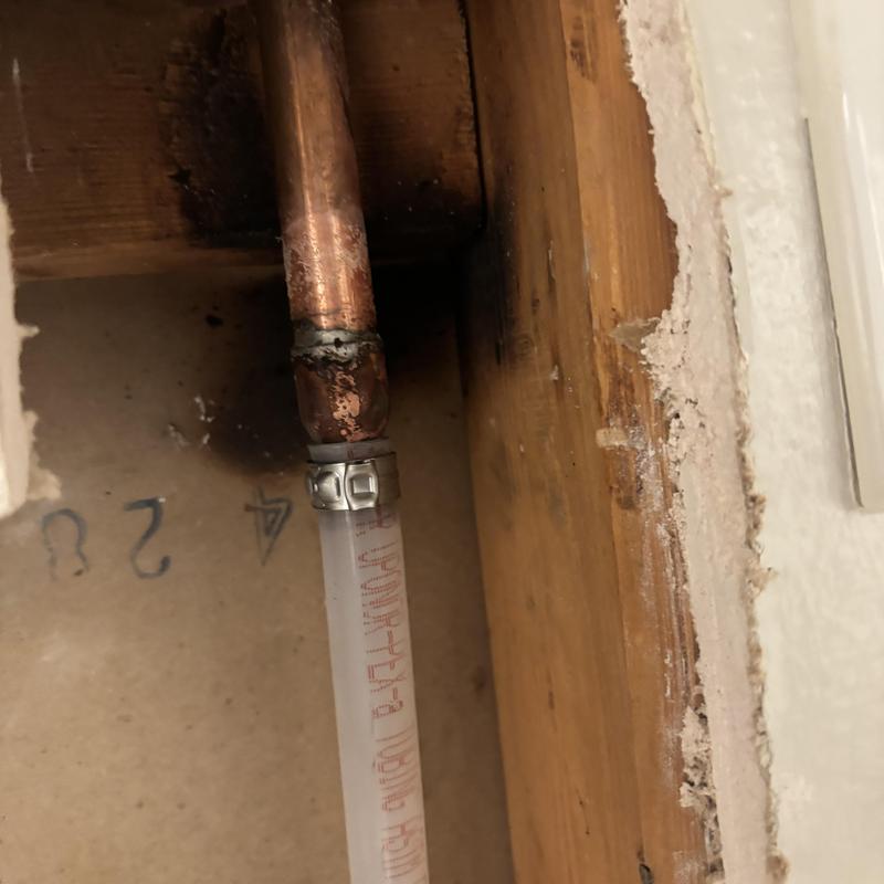 Washer box copper pipe soldering repair near wall cavity