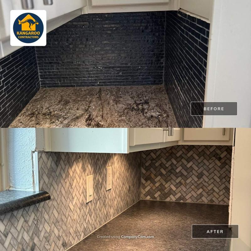 Quartz countertop with leathered finish and herringbone tile backsplash