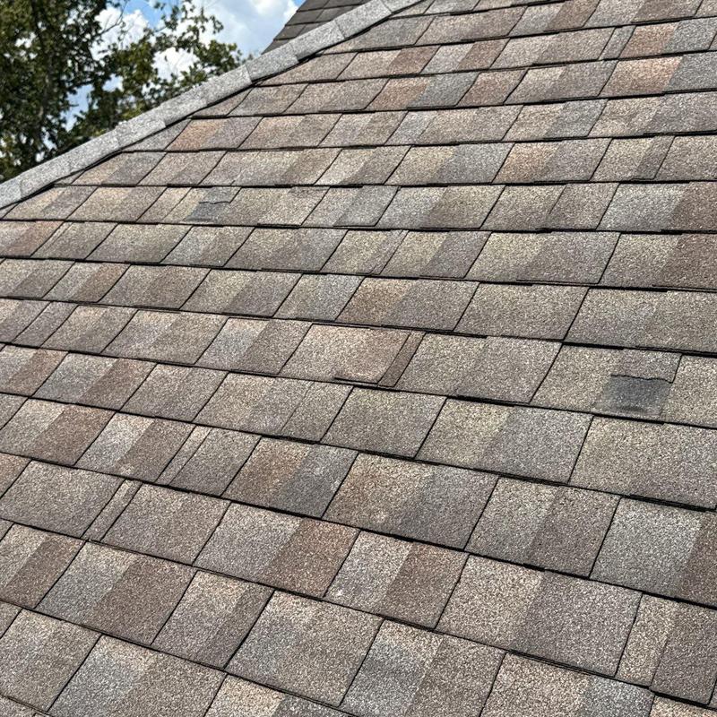 Asphalt shingle roof with visible hail damage sections