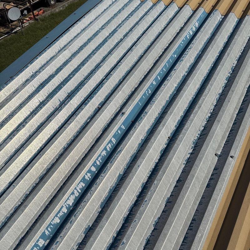 Metal roof panels with surface hail damage and peeling paint