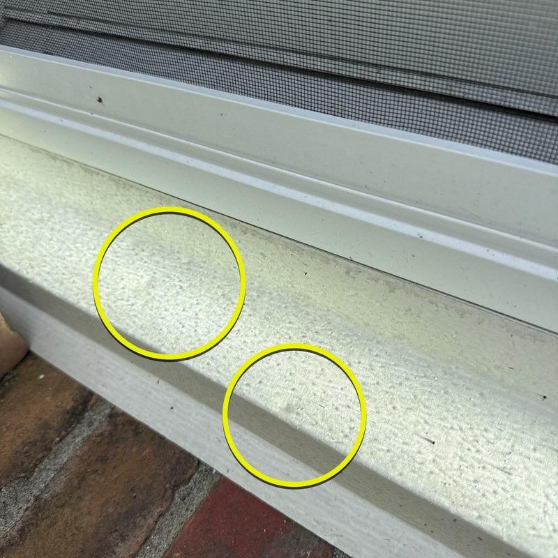 Window sill paint blistering and surface damage areas
