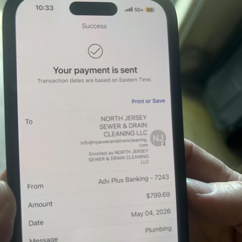Sewer and drain cleaning payment confirmation on phone Sewer and drain cleaning payment confirmation on phone