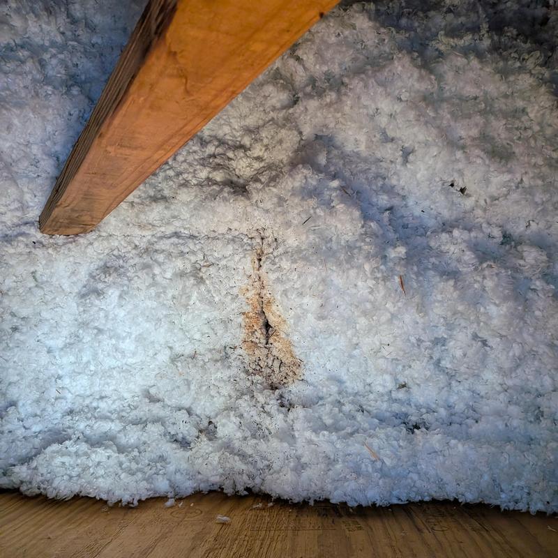 Roof attic insulation with water damage and wood beam