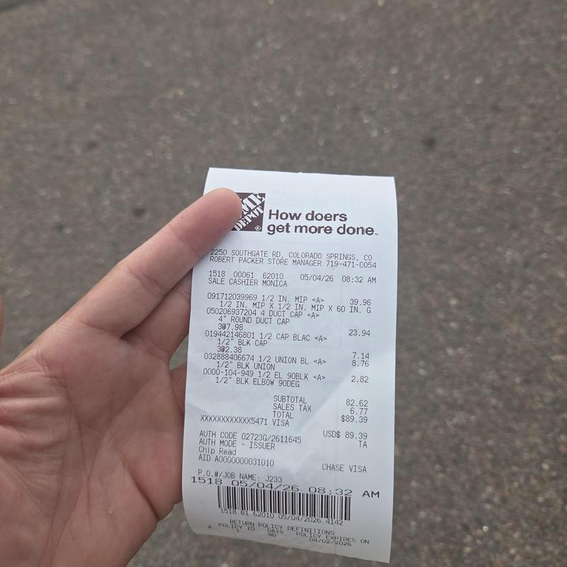 Dryer vent components purchase receipt in Colorado Springs