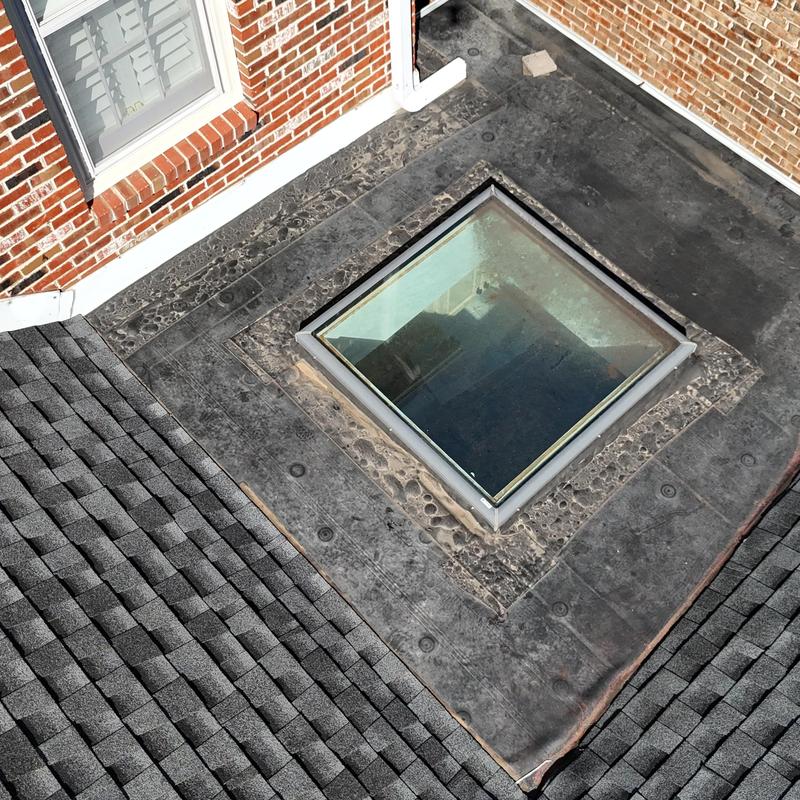 Skylight and asphalt shingle roof with flat membrane panel