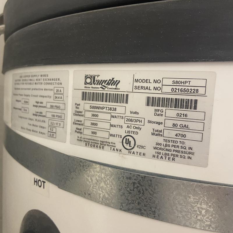 80 gallon commercial water heater label and specs