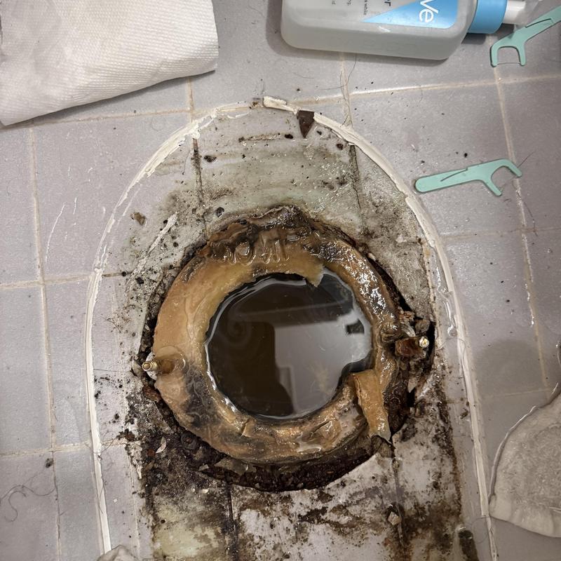 Toilet flange with old wax ring and water damage Toilet flange with old wax ring and water damage