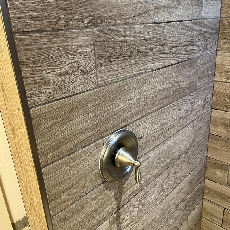Moen Posi-Temp shower valve handle on wood tile wall