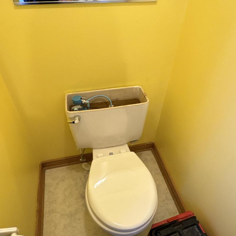 Toilet tank with internal parts exposed in yellow bathroom Toilet tank with internal parts exposed in yellow bathroom