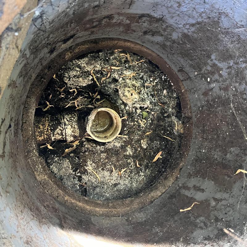 Septic tank interior showing buildup and pipe connection