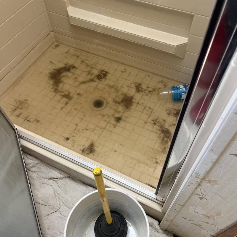 Shower drain with dirty buildup and plunger bucket nearby