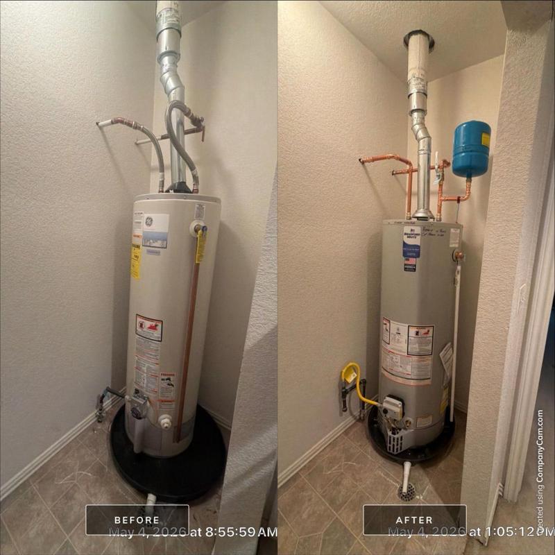 Water heater replacement with expansion tank and new venting