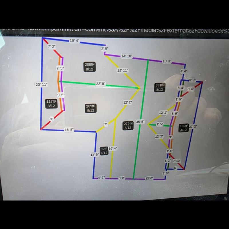 Roof system layout with measurements and pitch details Roof system layout with measurements and pitch details