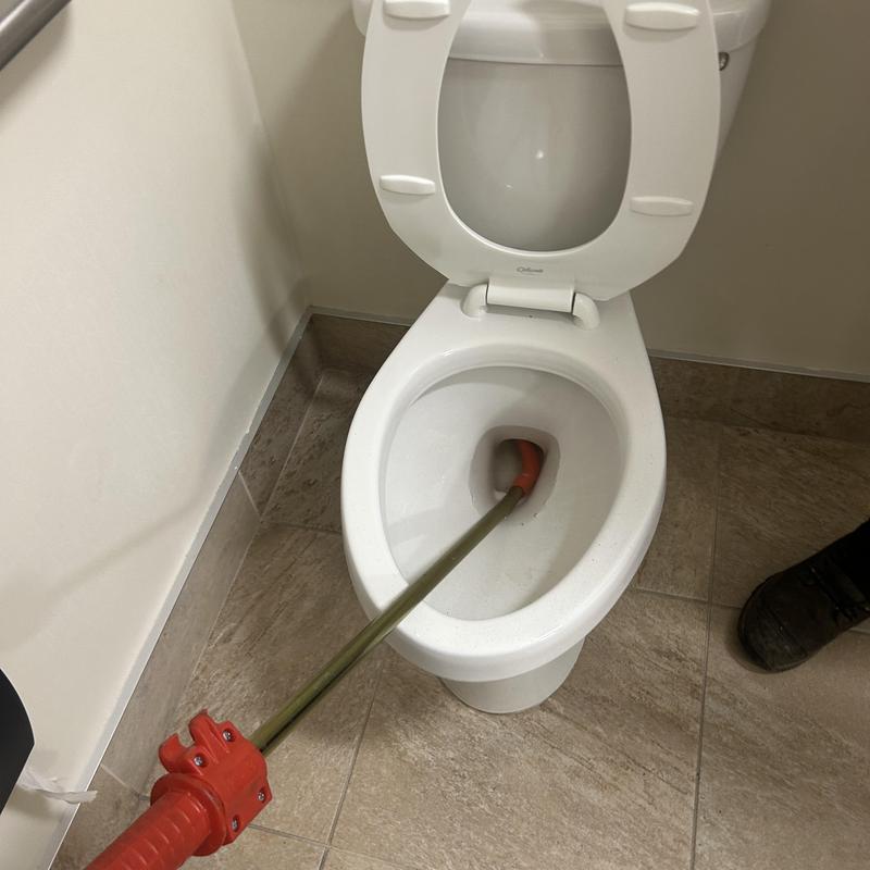 Toilet auger clearing clog in bathroom drain