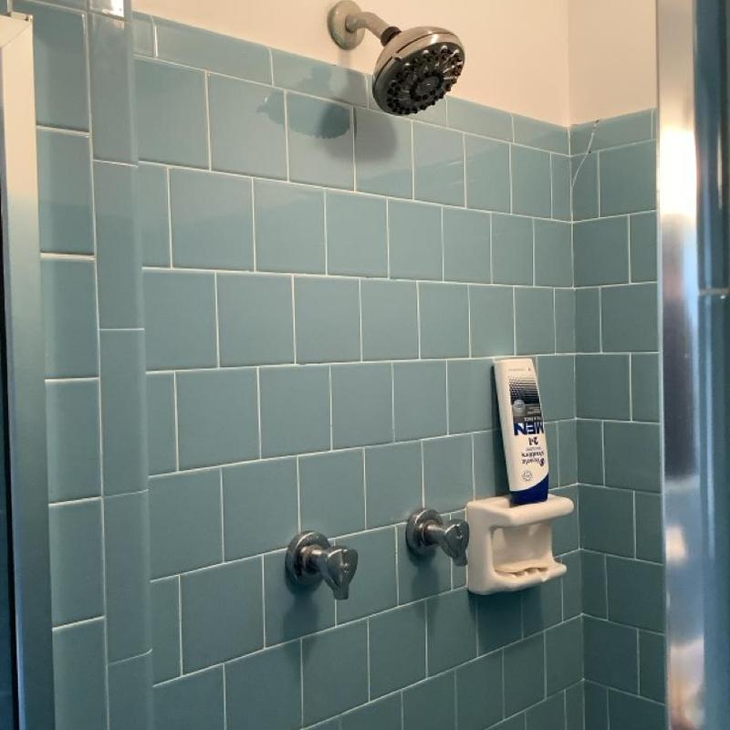 Two-handle shower faucet and blue tile surround Two-handle shower faucet and blue tile surround