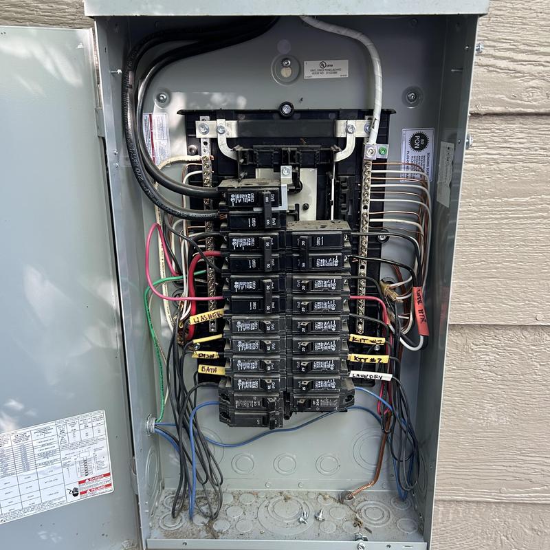 Electrical breaker panel with labeled circuits and wiring