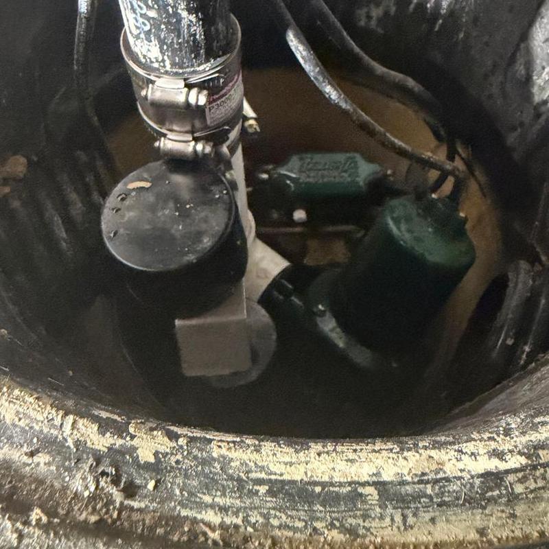 Sump pump with backup battery and connection clamps
