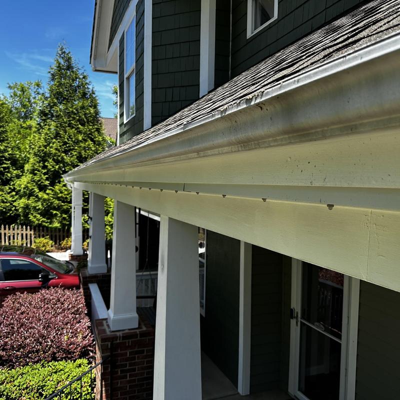 Roof gutter with minor debris on residential house