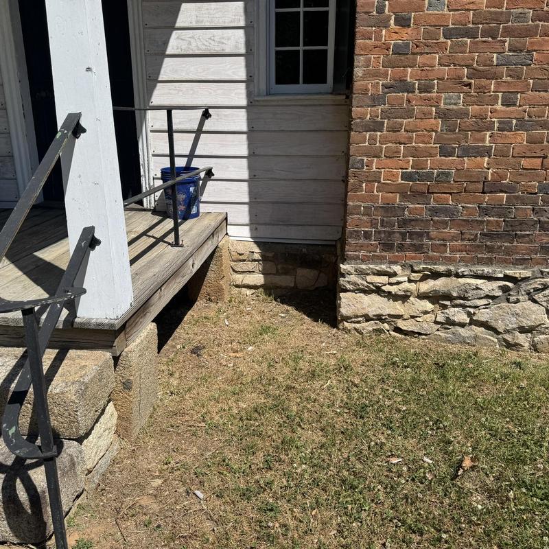 Cedar shake porch roof and stone foundation repairs