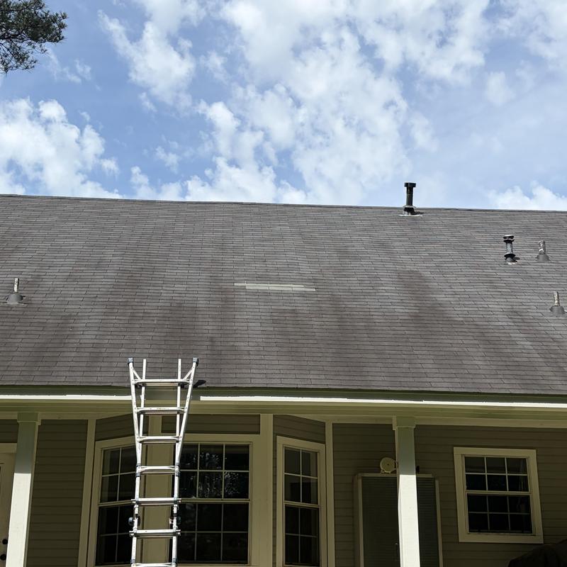 Asphalt shingles with replaced missing section on roof