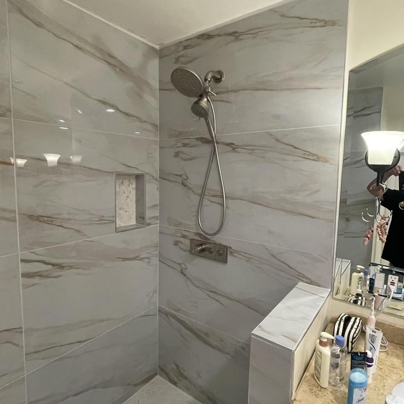 Shower valve trim installation with rain head and body sprayer