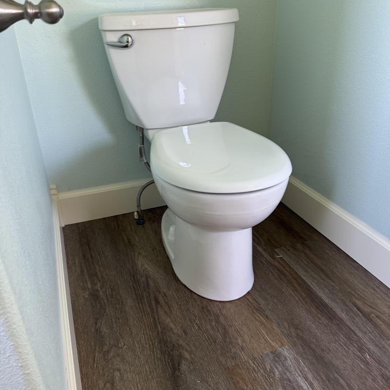 Toilet installation in bathroom with hardwood floor