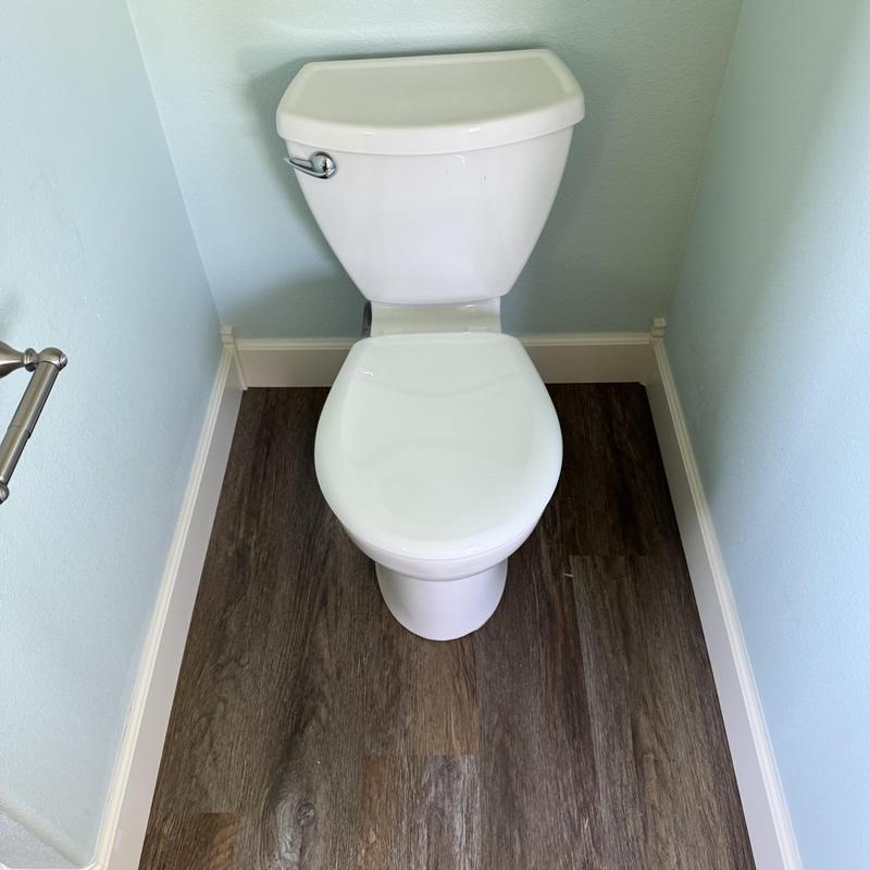 Toilet installation in small bathroom corner with wood floor