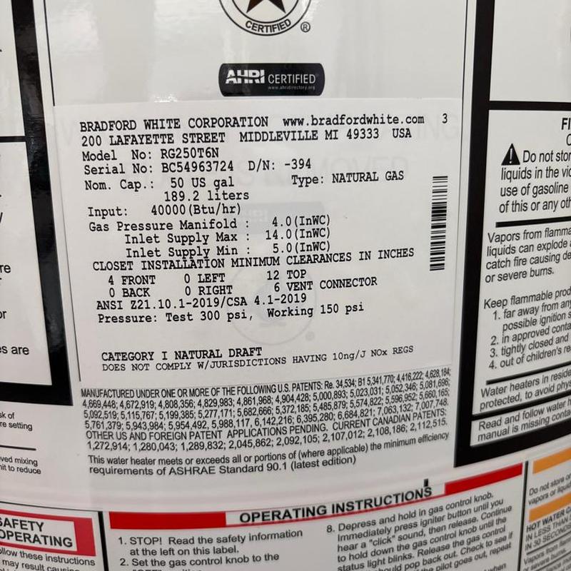 Natural gas water heater model RG250T6N label
