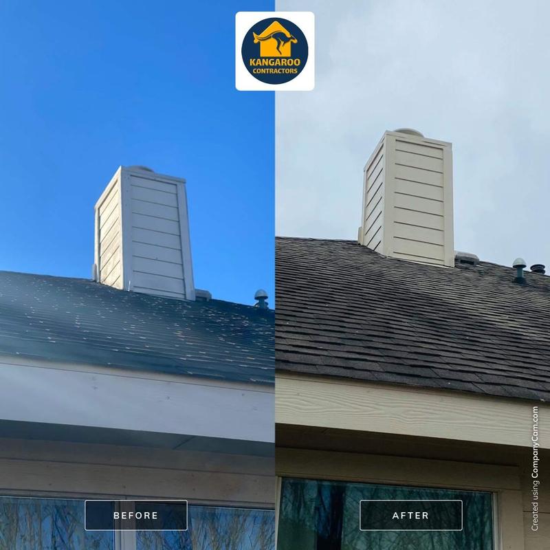 Chimney siding and roof fascia before and after painting Chimney siding and roof fascia before and after painting