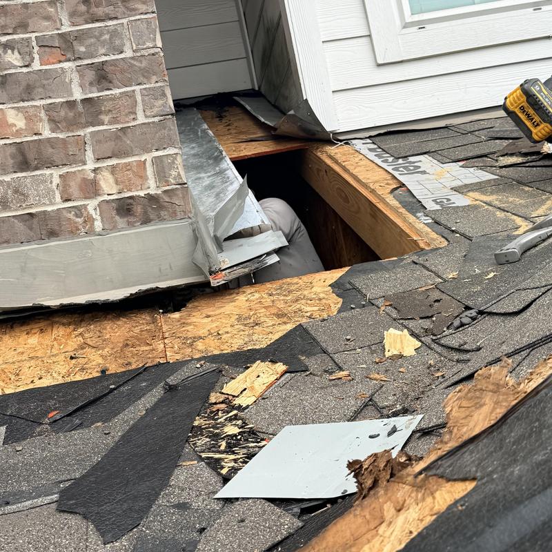 Wall counter flashing and roof decking replacement with exposed shingles