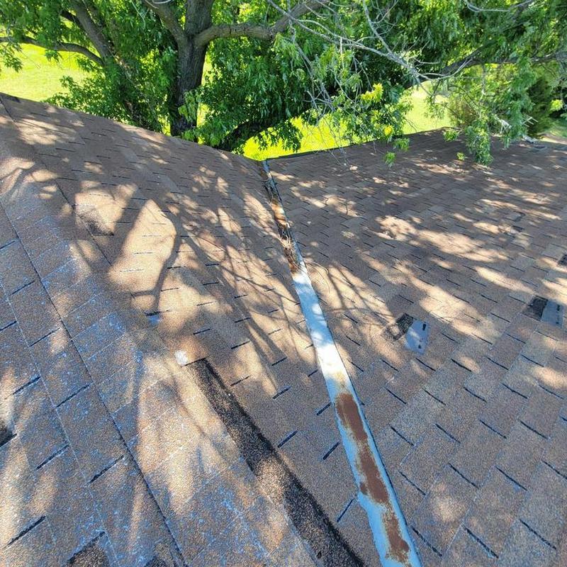 Asphalt shingle roof with metal valley flashing under tree shade