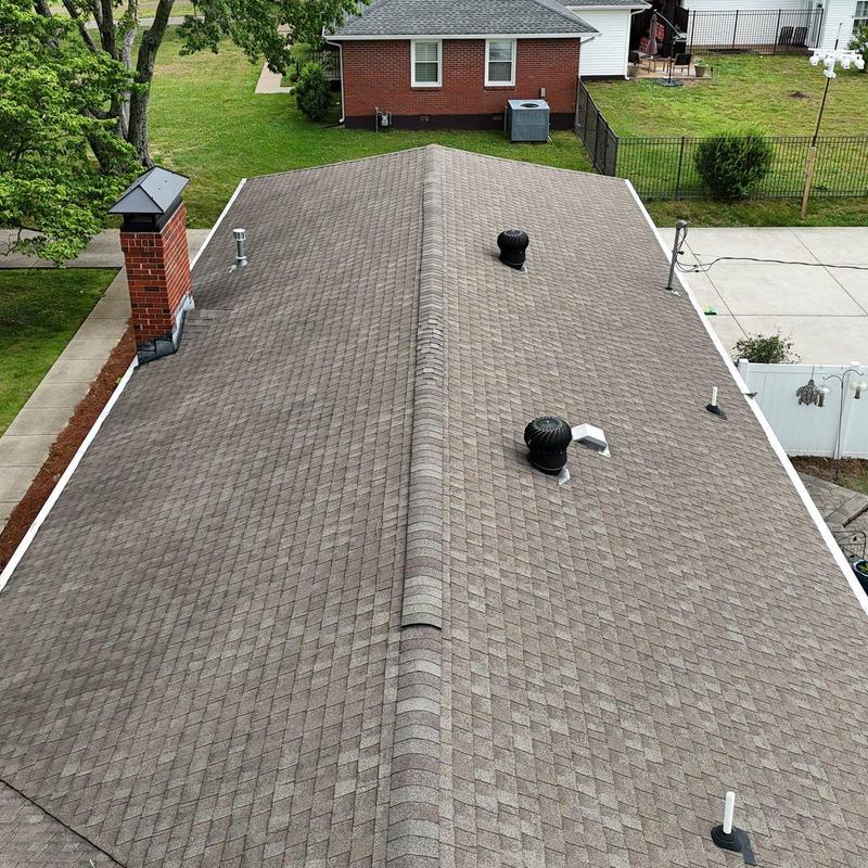 Asphalt shingle roof with ventilation pipes and chimney