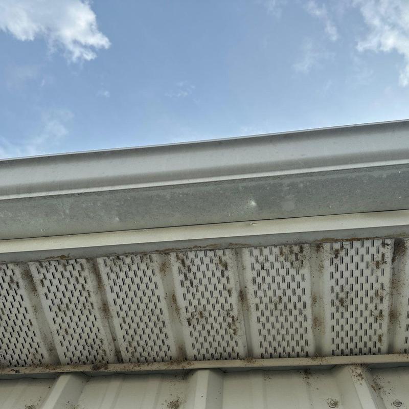 Gutter and soffit with dirt and debris buildup