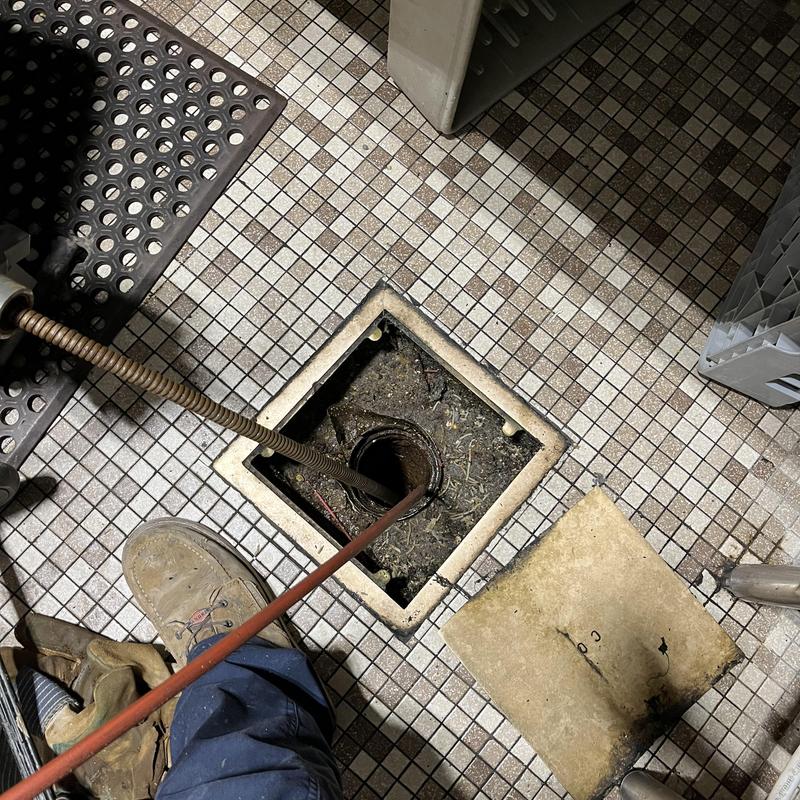Kitchen drain line with drain snake clearing blockage