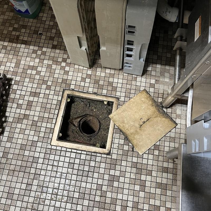 Kitchen floor drain cleanout with removed cover