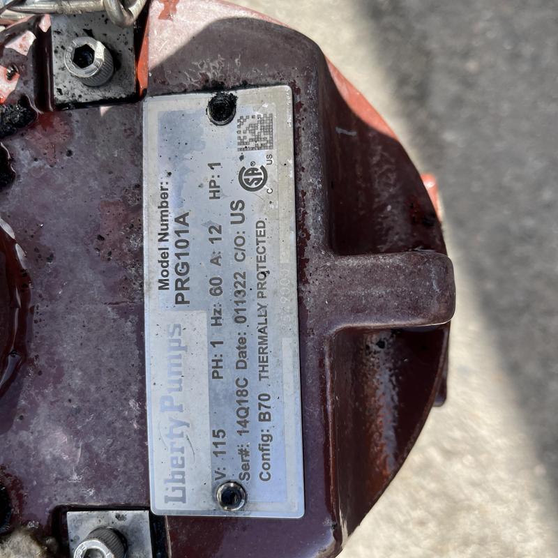 Sewage ejector pump label on Liberty Pumps PRG101A unit