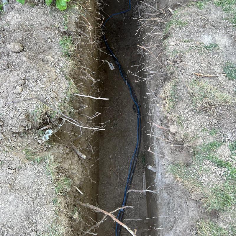 Underground conduit trench with exposed wiring and roots