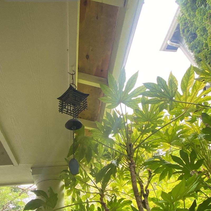 Eaves and soffit area with hanging lantern and foliage