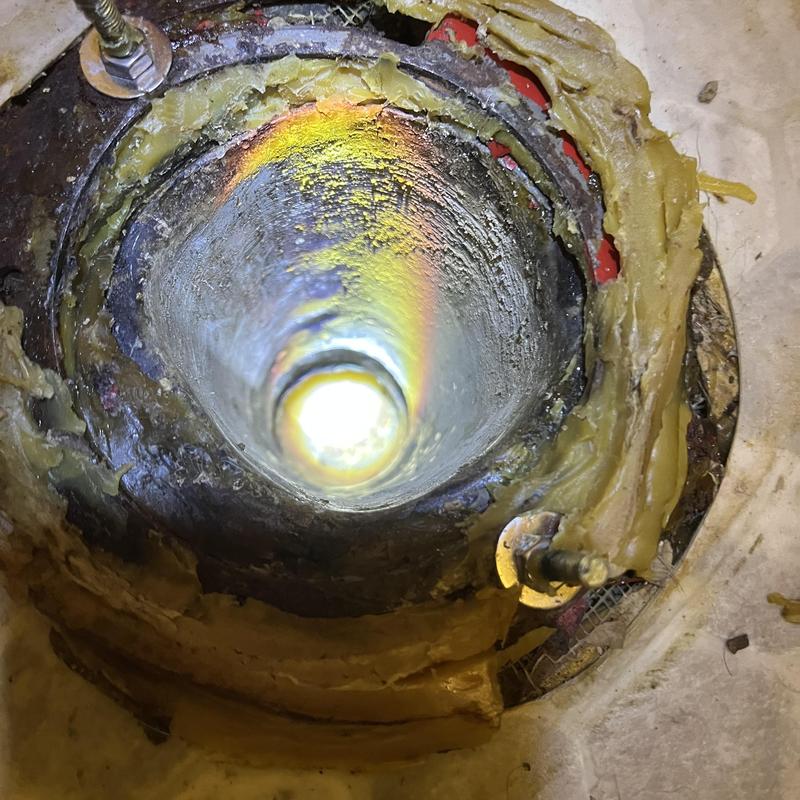 Sewer main pipe viewed through toilet flange opening