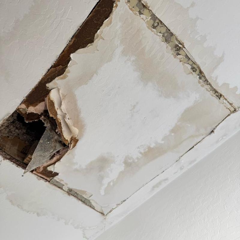 12 PEX line leak with damaged ceiling drywall